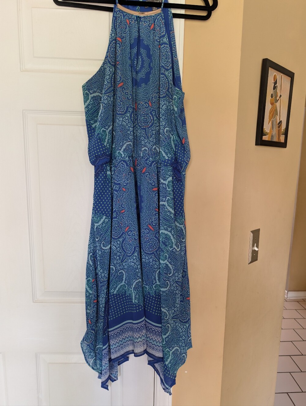 Luxology Blue Paisley Mandala Handkerchief Hem Midi Dress Gold Tone Neckline